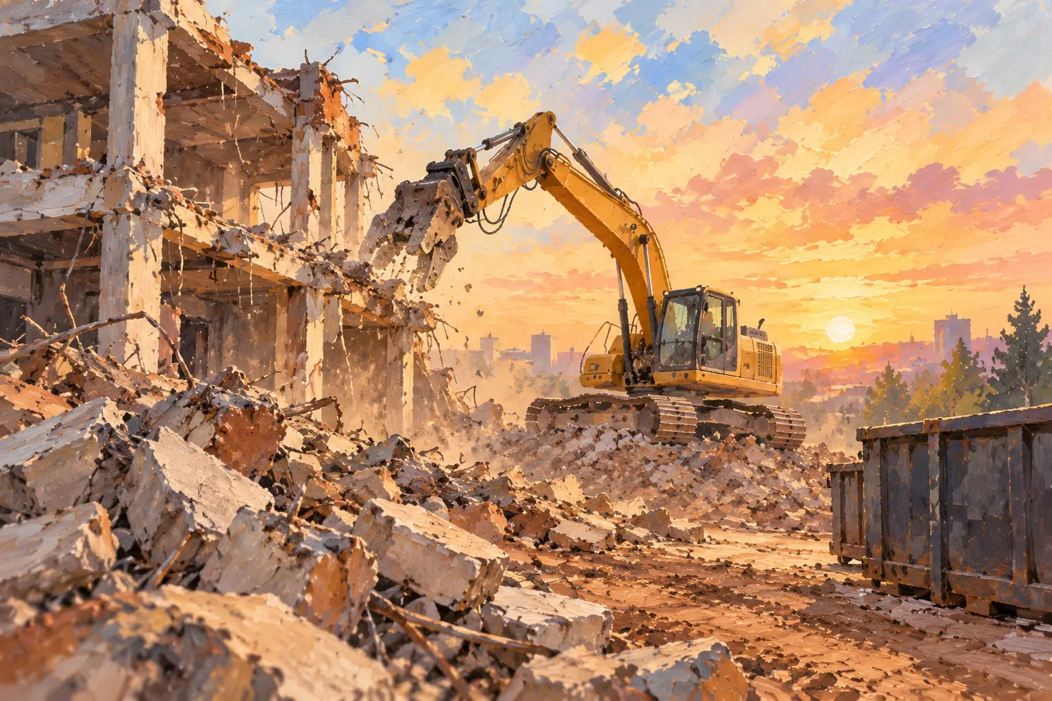 Illustration: an excavator taking down an old concrete building at sunset, beside rubble and a waste bin