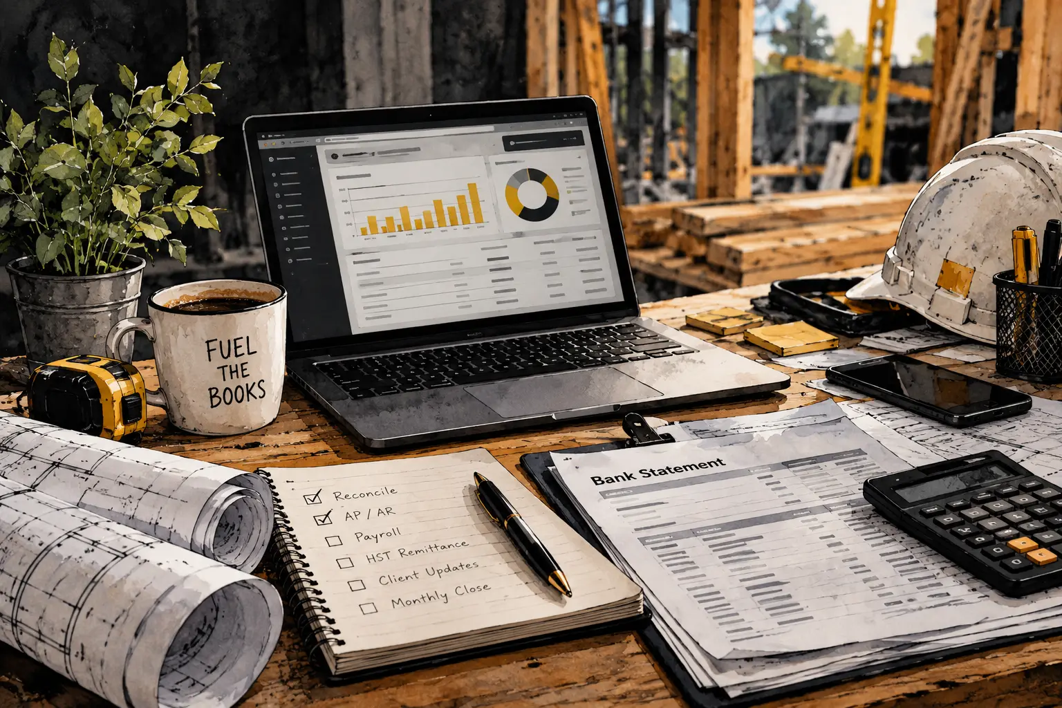 Illustration: a laptop with charts on a site-office desk beside a ‘Fuel the books’ mug, a checklist, a bank statement and a calculator